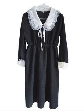 Black Long Sleeve Corduroy Dress with White Peter Pan Collar and Lace Accents